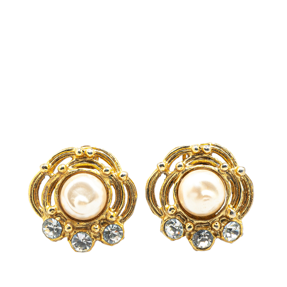 Pre-Loved Chanel Gold Plated Faux Pearl and Rhinestones Clip on Earrings - Picture 1 of 3